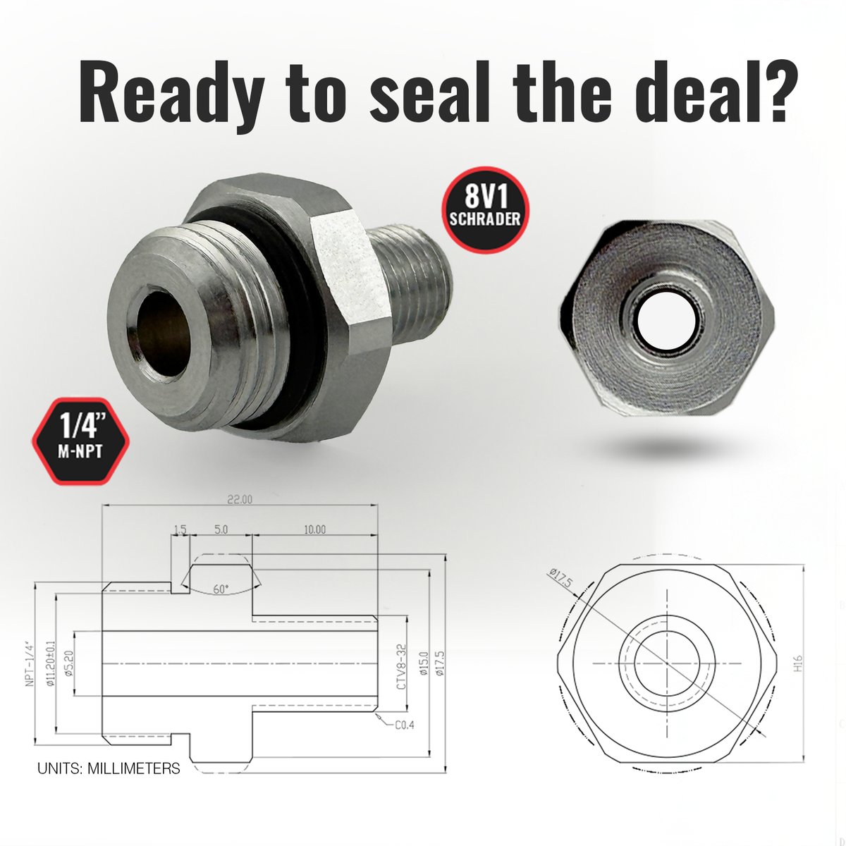 SKÖG Adapter technical specifications, 1/4 inch M-NPT to 8V1 Schrader with dimensions
