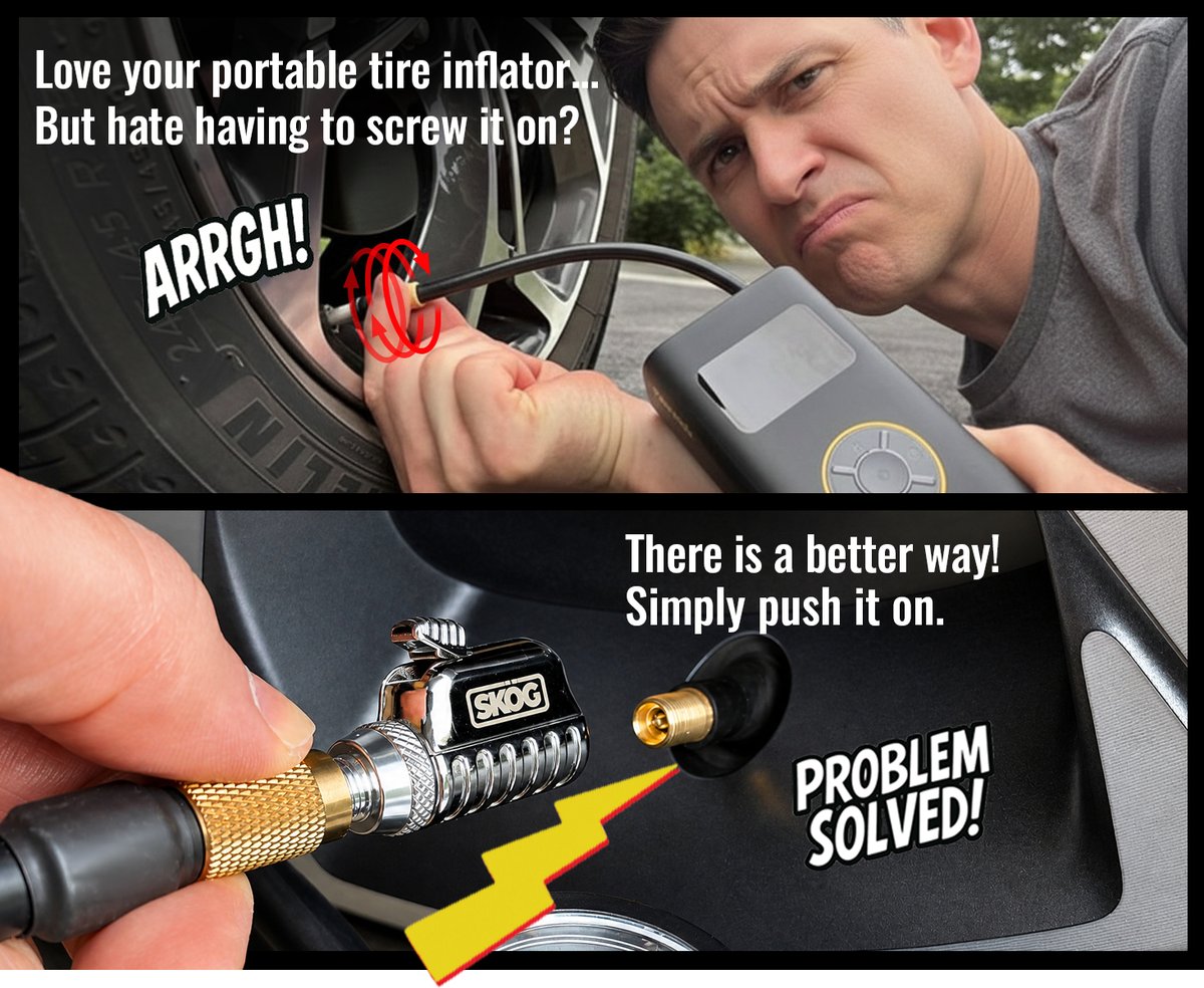 Love your portable tire inflator but hate screwing it on? There is a better way — simply push the SKÖG chuck on. Problem solved.